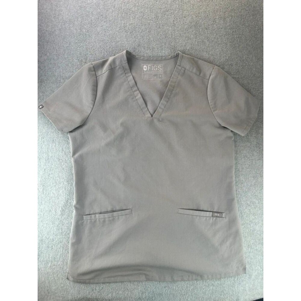 Figs Casma V-Neck Womens Top Size Small Grey Short Sleeve Front Pockets